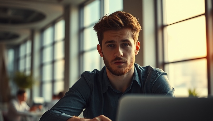 Young man in office reflecting, ideal stress for performance.