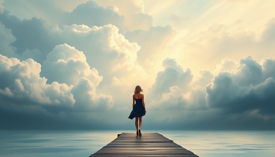 Impressionistic scene of a person on a pier, trusting the pause, with dramatic clouds.