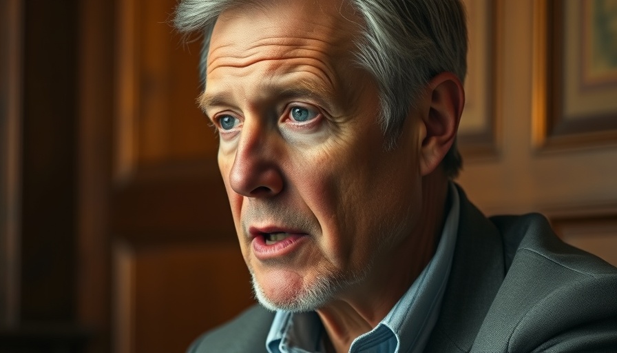 Middle-aged man discussing a topic, wood-paneled background.