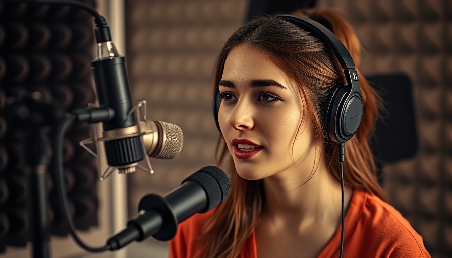 Young woman podcasting in a studio setting, vibrant atmosphere.