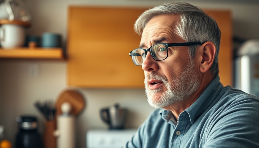 Mature man expressing thoughtfulness in a cozy kitchen with warm lighting.