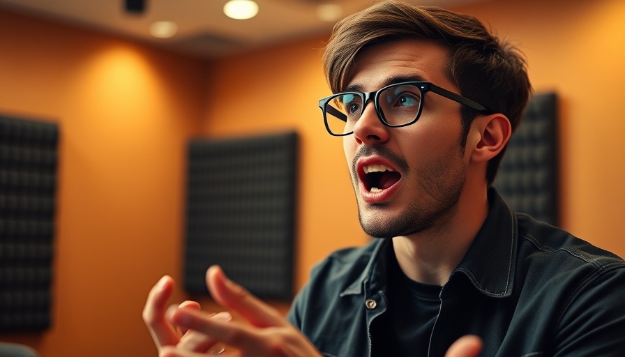 Young man speaking energetically in a studio environment.