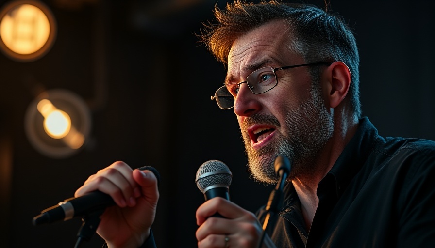 Engaged man discussing biohacking with microphone, cinematic setting.