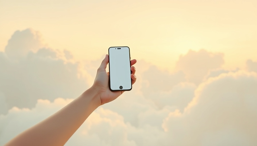 Minimalist illustration of a hand with a phone amid clouds, symbolizing going off the social media grid.