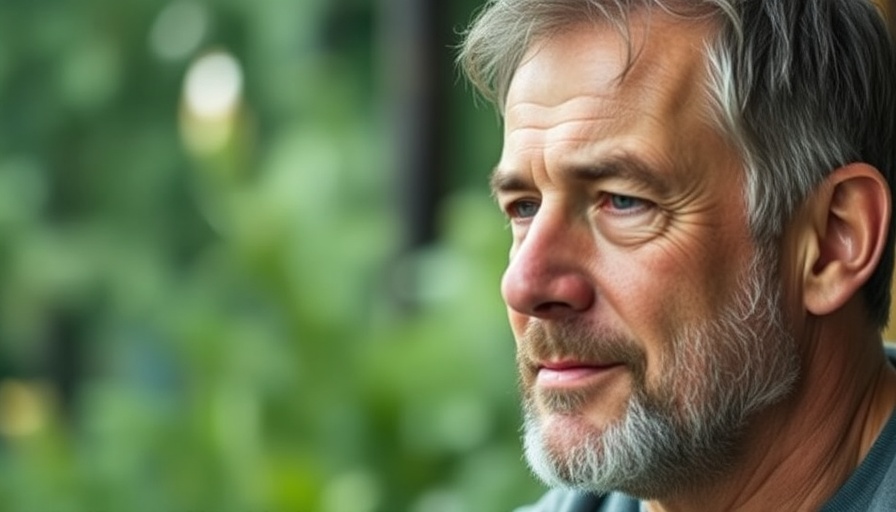 Middle-aged man discussing stress and hair loss treatment in natural setting.
