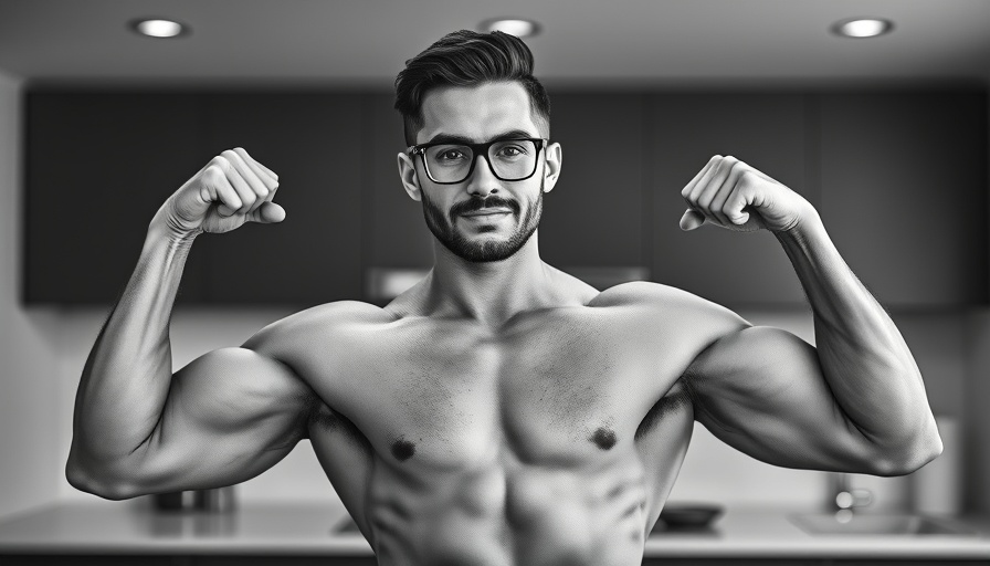 Muscular man flexing confidently indoors in a modern kitchen.