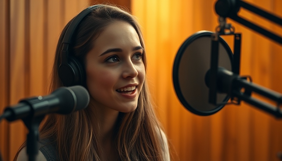 Young woman speaking in podcast studio, 'home is your vessel'