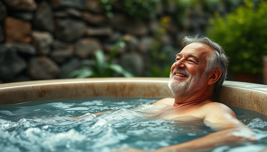 Relaxed man enjoying a garden hot tub, suggesting stress relief for migraines.