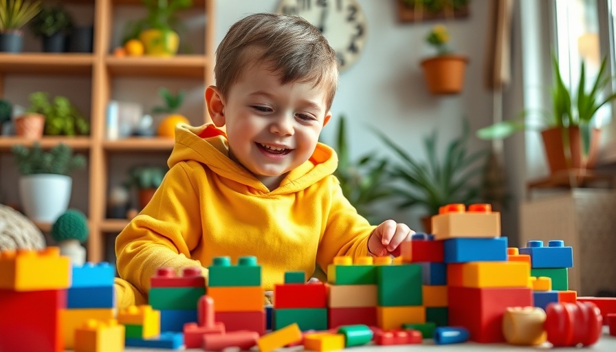 Happy child engaged with blocks in a colorful, well-lit room.