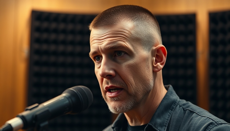 Middle-aged man speaking into a microphone in a dimly lit studio.