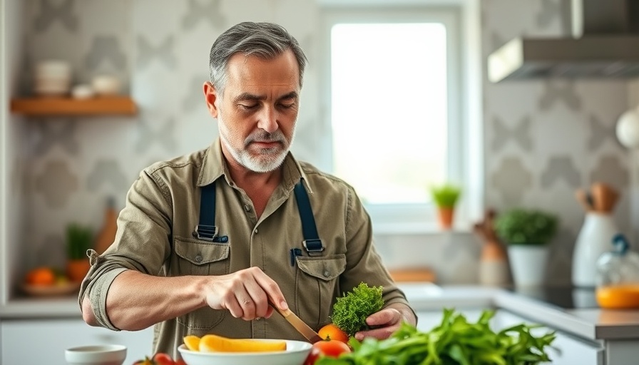 Middle-aged man preparing Clean Nacho Swap in kitchen.