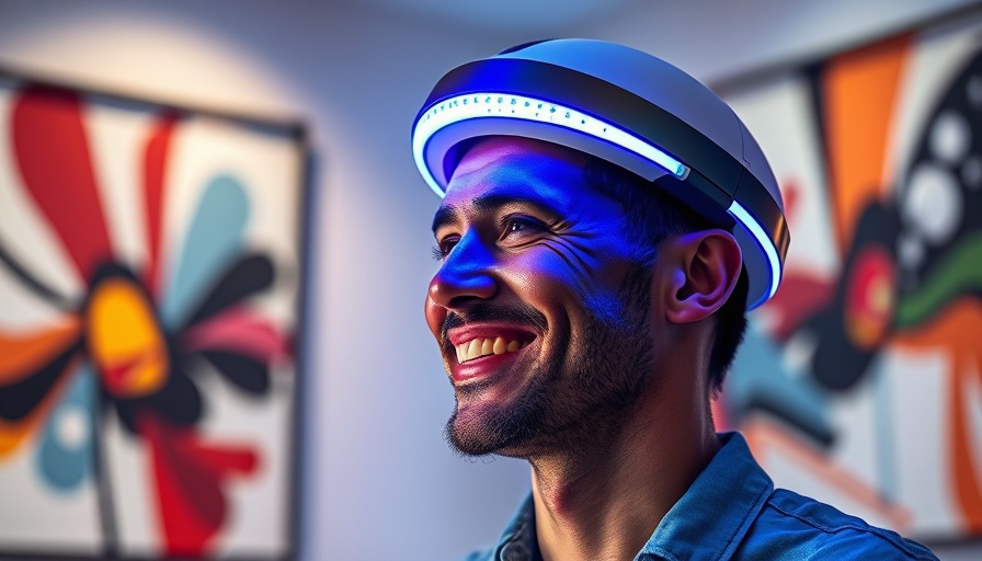 Man using LED hair restoration cap in modern interior.