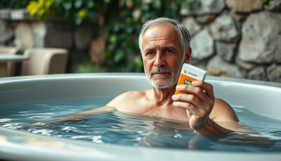Middle-aged man with nicotine gum in hot tub, nicotine alternatives.