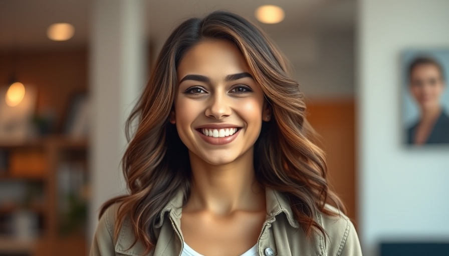 Confident woman smiling, casual attire, become a high achiever.