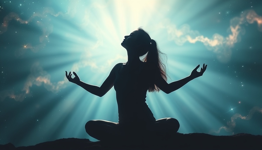 Ethereal silhouette meditating in radiant light, cosmic background.