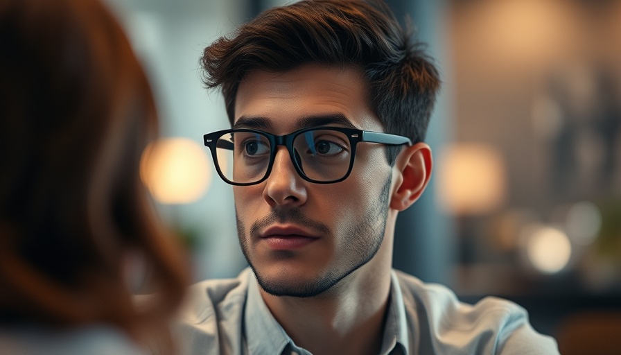 Engaged individual with tinted glasses in conversation.