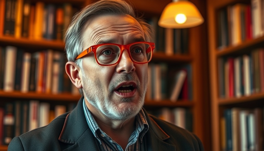 Middle-aged man discussing benefits of theanine with caffeine in a library.