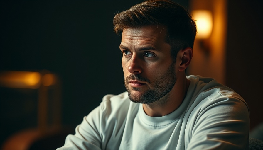 Thoughtful man discussing human optimization in cinematic setting.