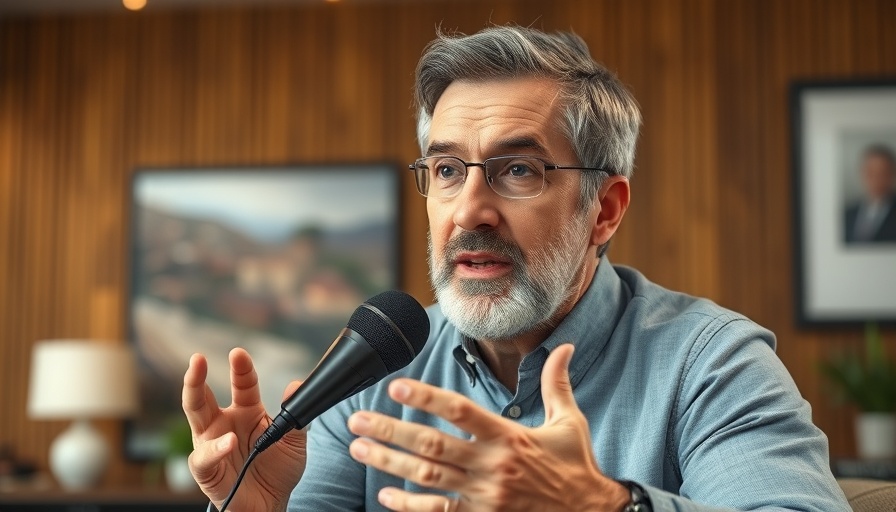 Middle-aged man in a podcast studio with a microphone.