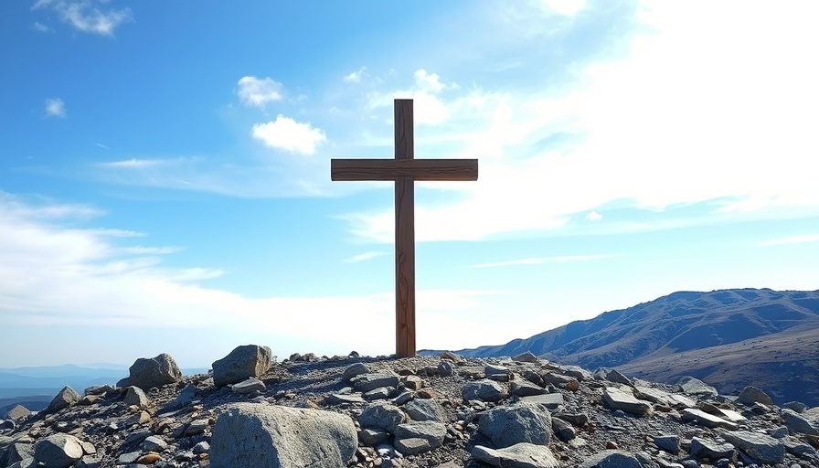 Wooden cross on rocky terrain symbolizing religious themes.