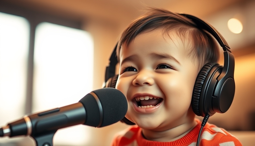 Adorable baby with headphones and a microphone, symbolizing joy and growth.
