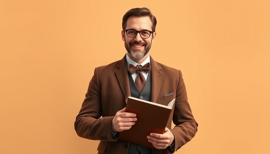 Vintage-dressed man smiling, holding a folder, portrait shot