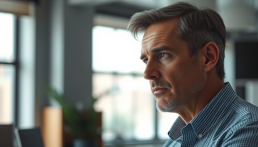Middle-aged man discussing hair loss treatment and stress effects.