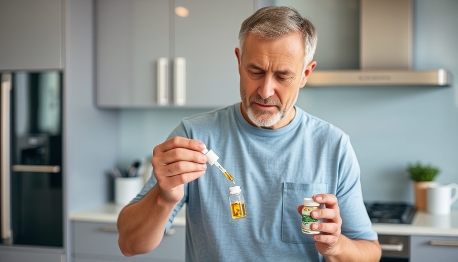 Middle-aged man using liquid dropper for supplements, detoxing without minerals.
