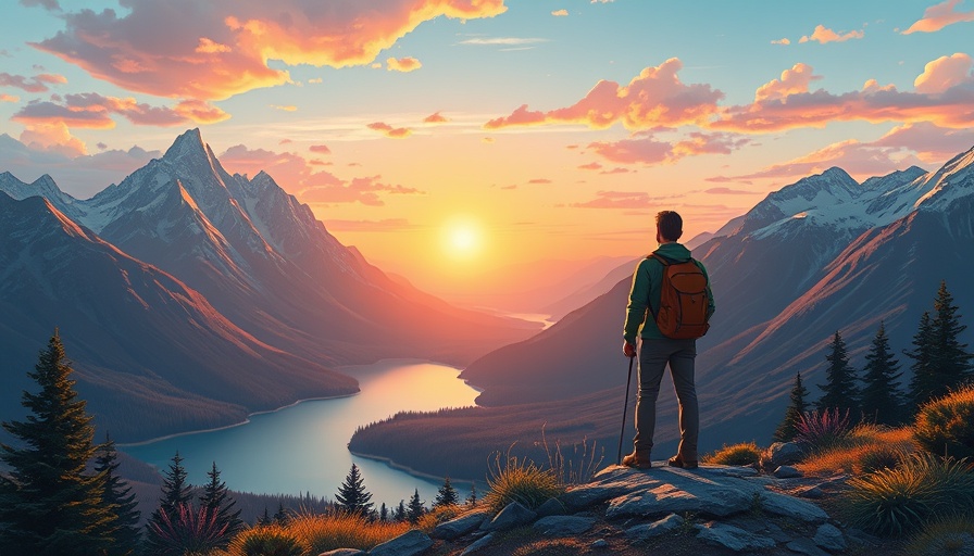 Awe Journal Benefits: Hiker enjoying colorful sunrise over mountains and lake.