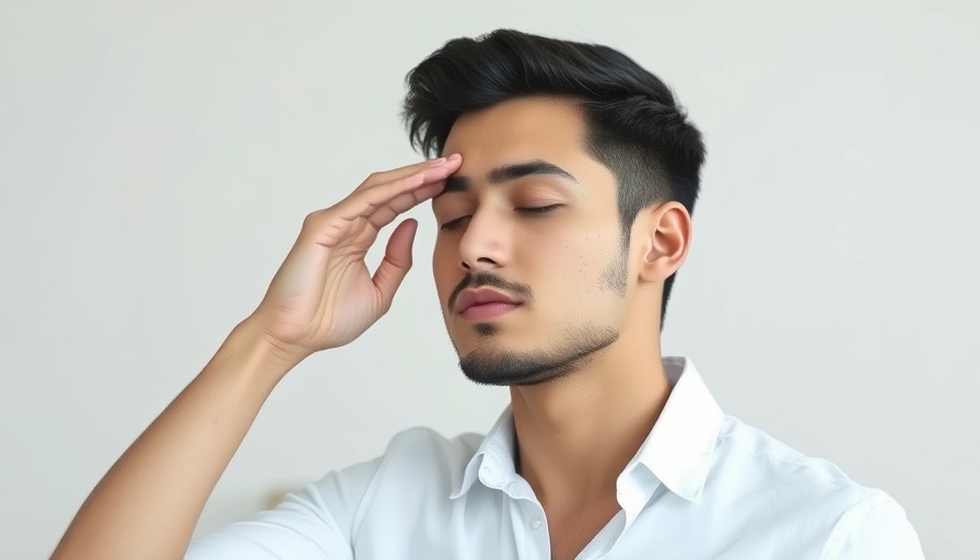 Young man in white shirt, eyes closed, rubbing eyes, soft lighting.