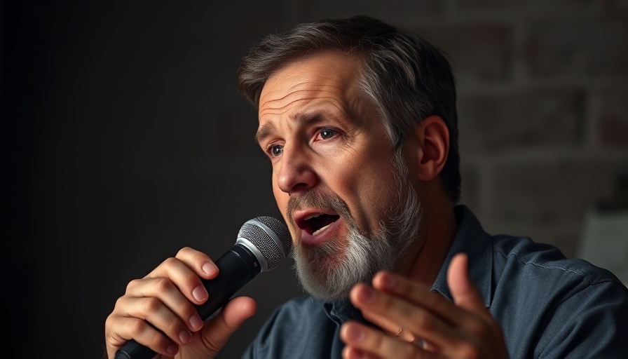 Middle-aged man discussing quality fillers in multivitamins, dark studio background.