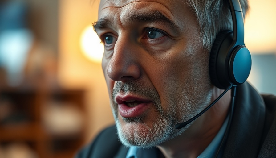 Middle-aged man wearing headphones speaking in warm light.