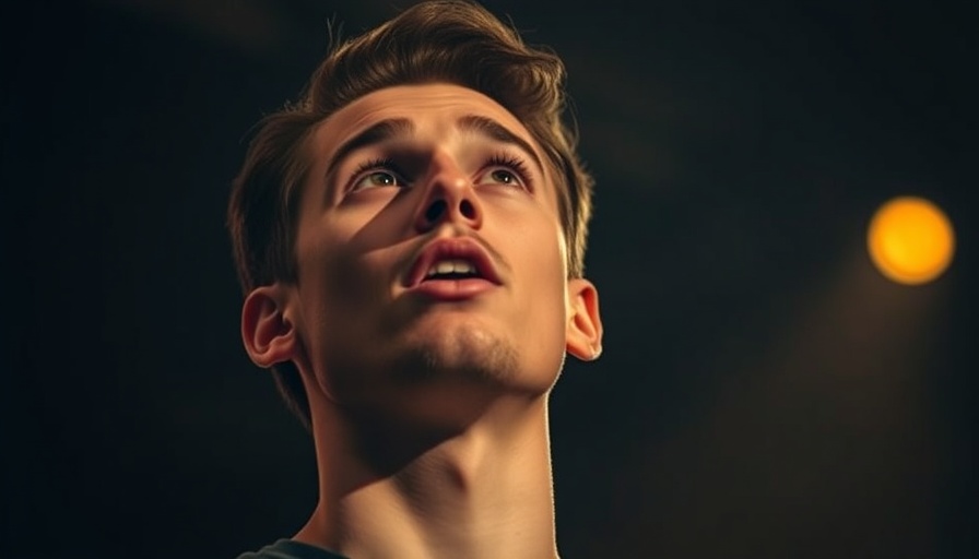 Young man speaking with expressive gaze against dark background.