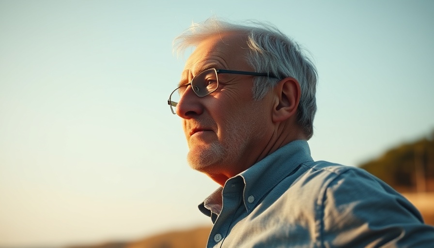 Confident older man outdoors with longevity text overlay, clear day.