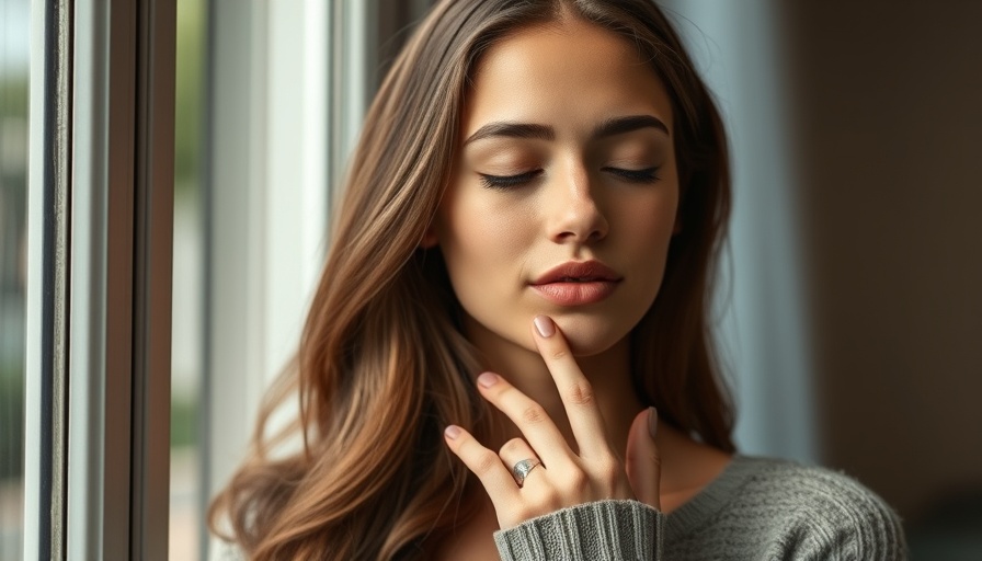 Calm young woman touching lips, representing the gut skin connection.