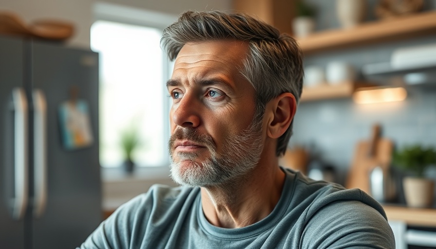 Thoughtful man reflecting in a modern kitchen, warm lighting.