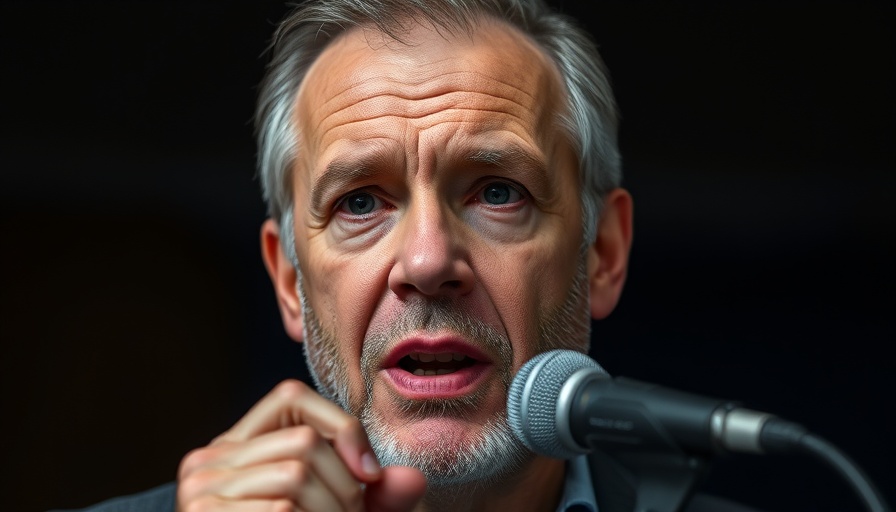 Middle-aged man speaking into a microphone indoors.
