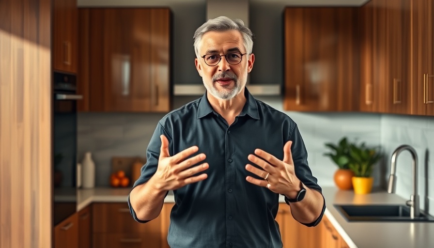 Casual middle-aged man discussing snack drawer optimization in a modern kitchen.