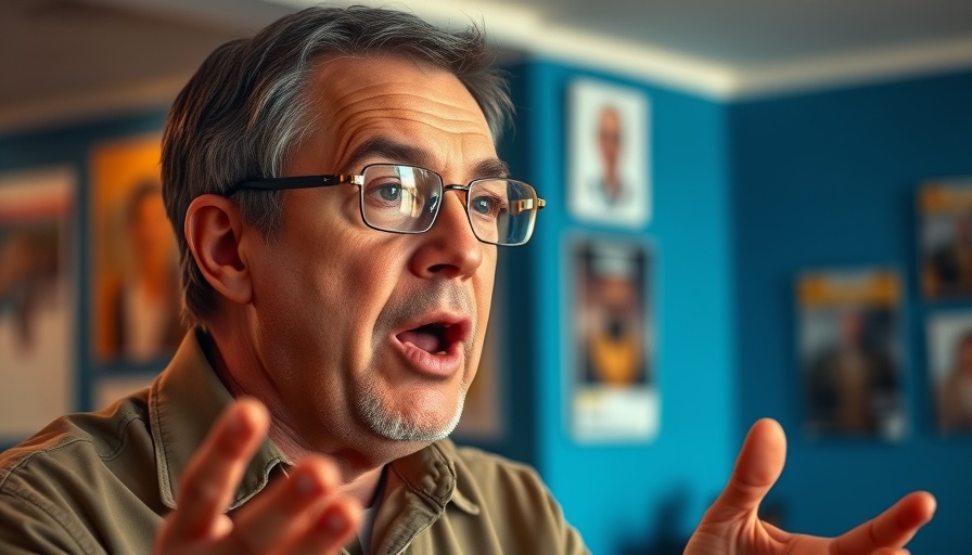 Middle-aged man speaks passionately indoors with warm lighting.