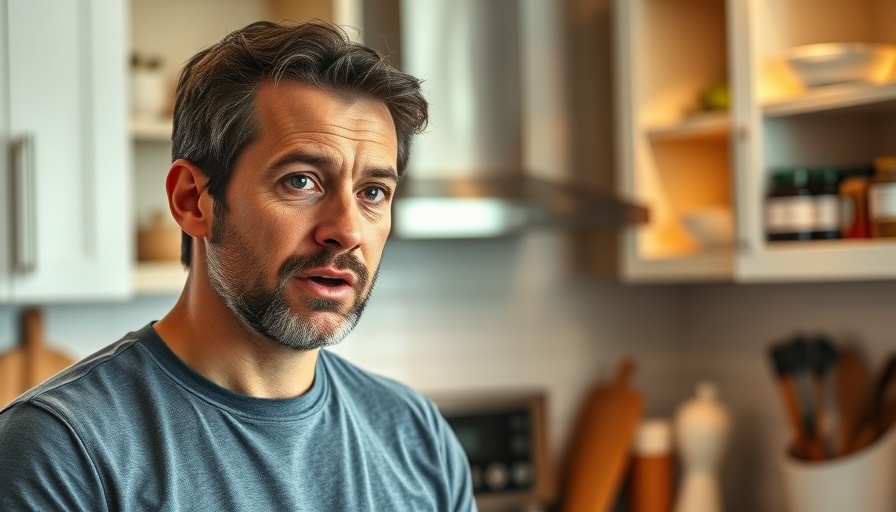 Man discussing saturated cooking fats in modern kitchen.