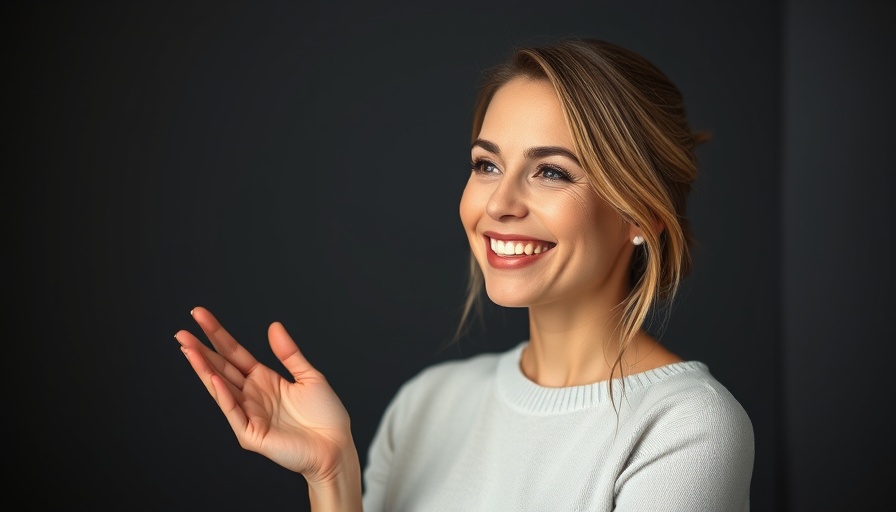 Smiling woman discusses laser hair therapy indoors, natural lighting.