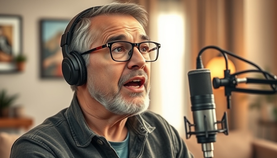 Middle-aged man podcasting indoors, casual setting
