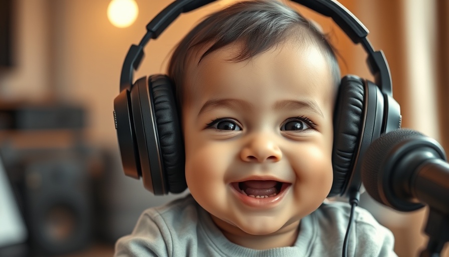 Baby smiles while wearing headphones; personal growth after loss theme.