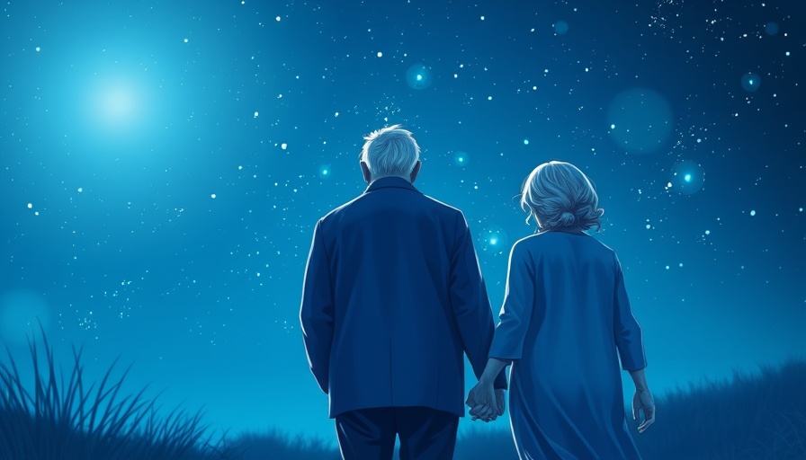 Elderly couple holding hands under a starlit sky, symbolizing aging love and caregiving.