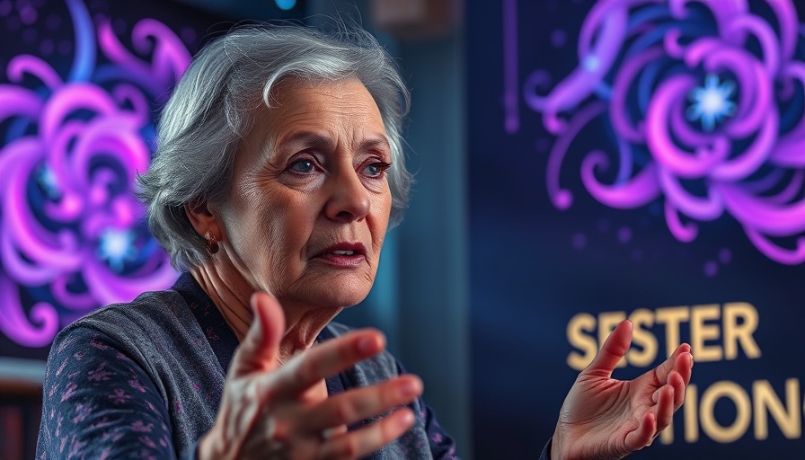 Elderly woman discussing Quantum Healing Hypnosis Technique (QHHT) with cosmic visuals.
