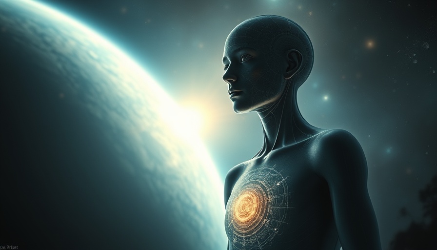 Surreal figure reflecting on universe, Quantum Healing Hypnosis Technique atmosphere.