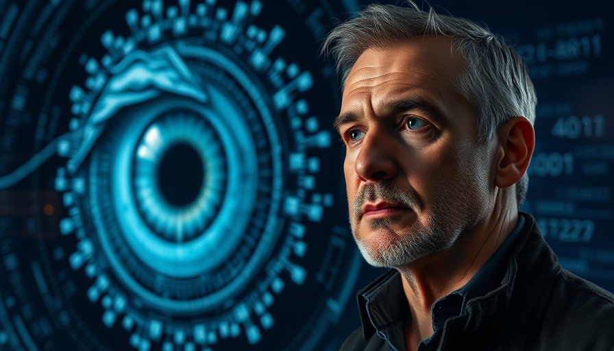 Simulated Reality Insights concept with a mature man's thoughtful gaze and digital eye.
