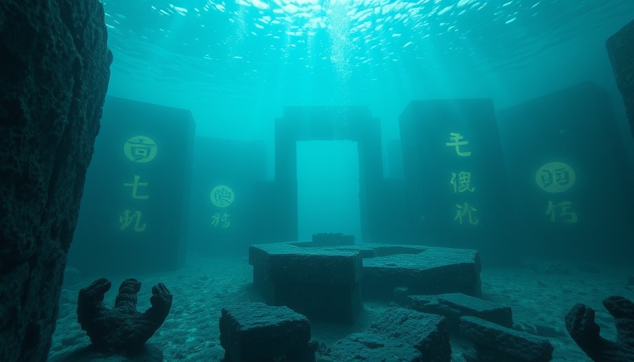 Underwater ancient ruins with glowing symbols, Atlantis Codex theme.