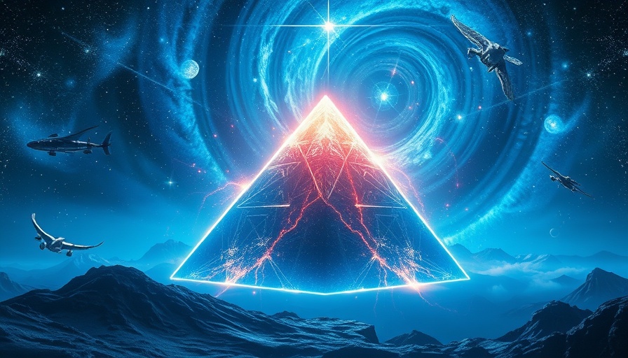 Futuristic pyramids with cosmic energy at night, Pyramid Data and Alien Mathematics theme.