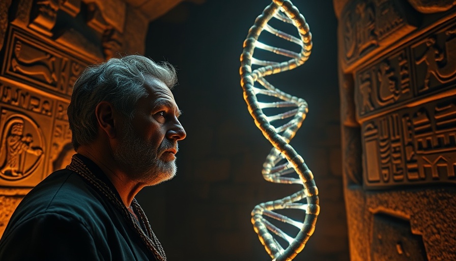DNA’s Divine Blueprint visualized with glowing helix in ancient setting.